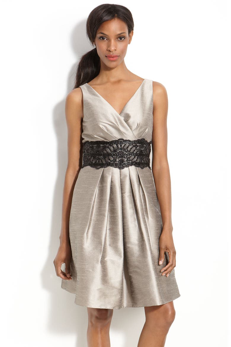 Lace Trim Dupioni Dress, Main, color, SILVER/ BLACK