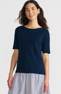 Lands' End Supima Cotton Elbow Sleeve Boatneck Button Shoulder Tee
