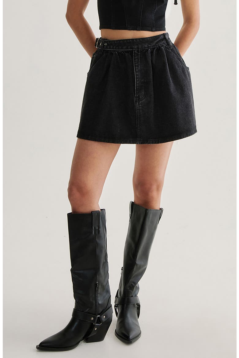 Belted Denim Miniskirt, Main, color, BLACK
