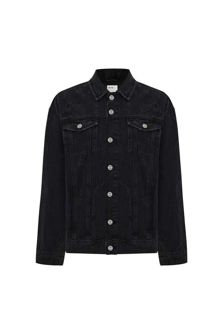 Cotton Distressed Denim Jacket, Main, color, BLACK