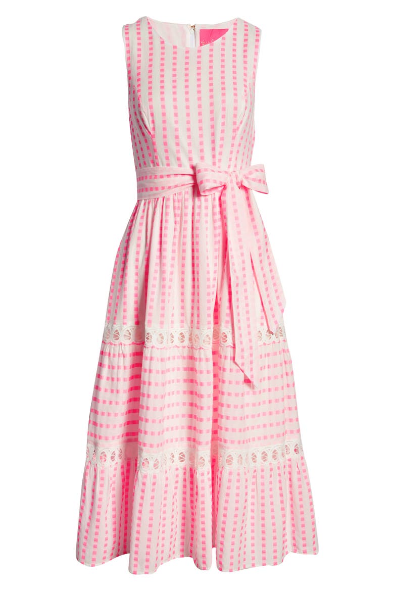 Maybella Gingham Lace Inset Cotton Dress, Alternate, color, PINK ISLE GINGHAM STRIPE