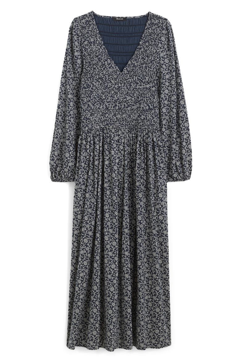 Floral Smock V-Neck Cotton Blend Midi Dress, Alternate, color, CLASSIC NAVY