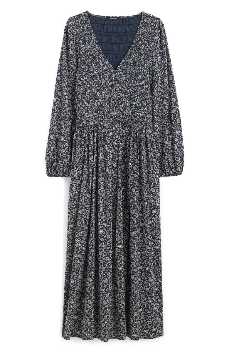 Madewell Floral Smock V-Neck Cotton Blend Midi Dress, Alternate, color, Classic Navy