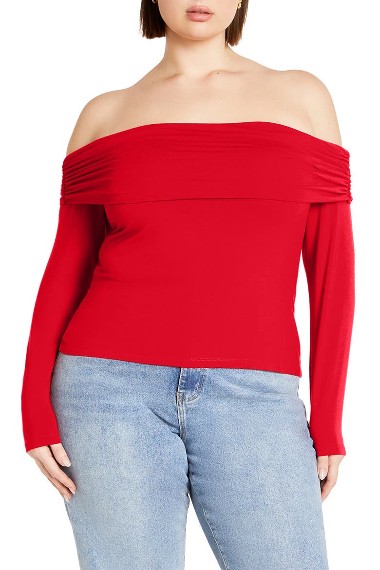 Jojo Ruched Off the Shoulder Long Sleeve Top, Main, color, RED