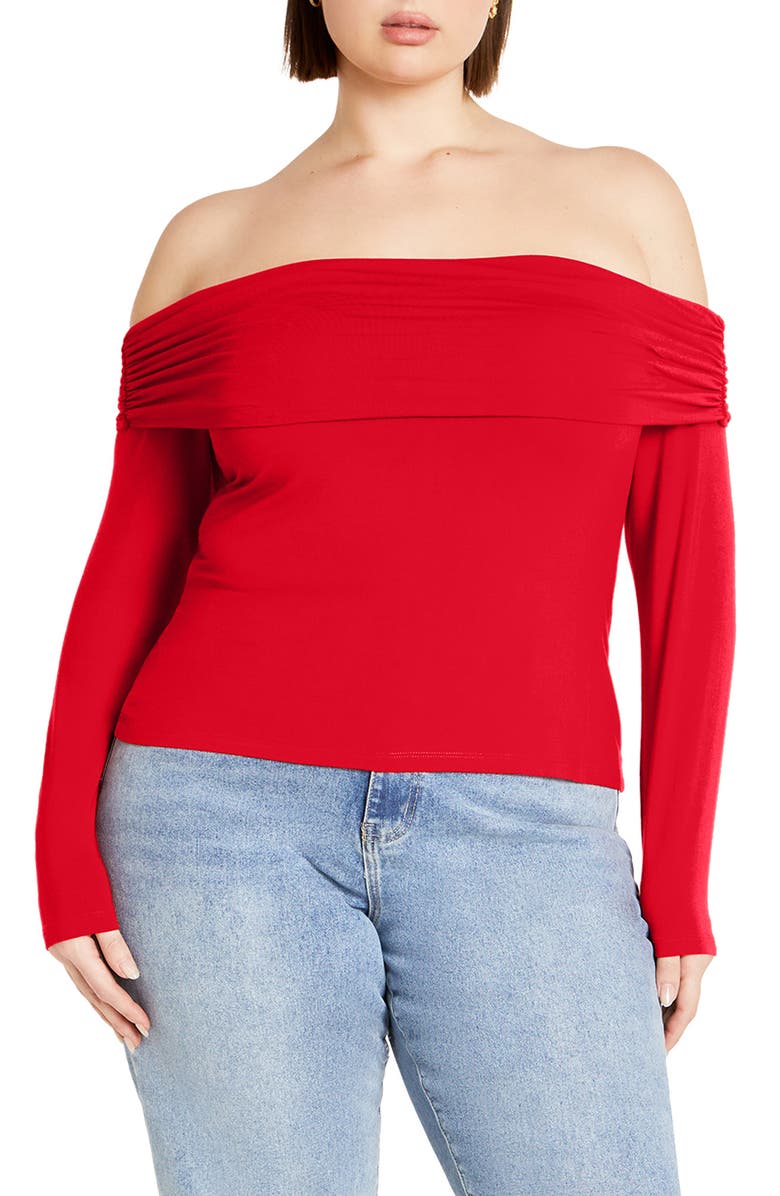 City Chic Jojo Ruched Off the Shoulder Long Sleeve Top, Main, color, Red