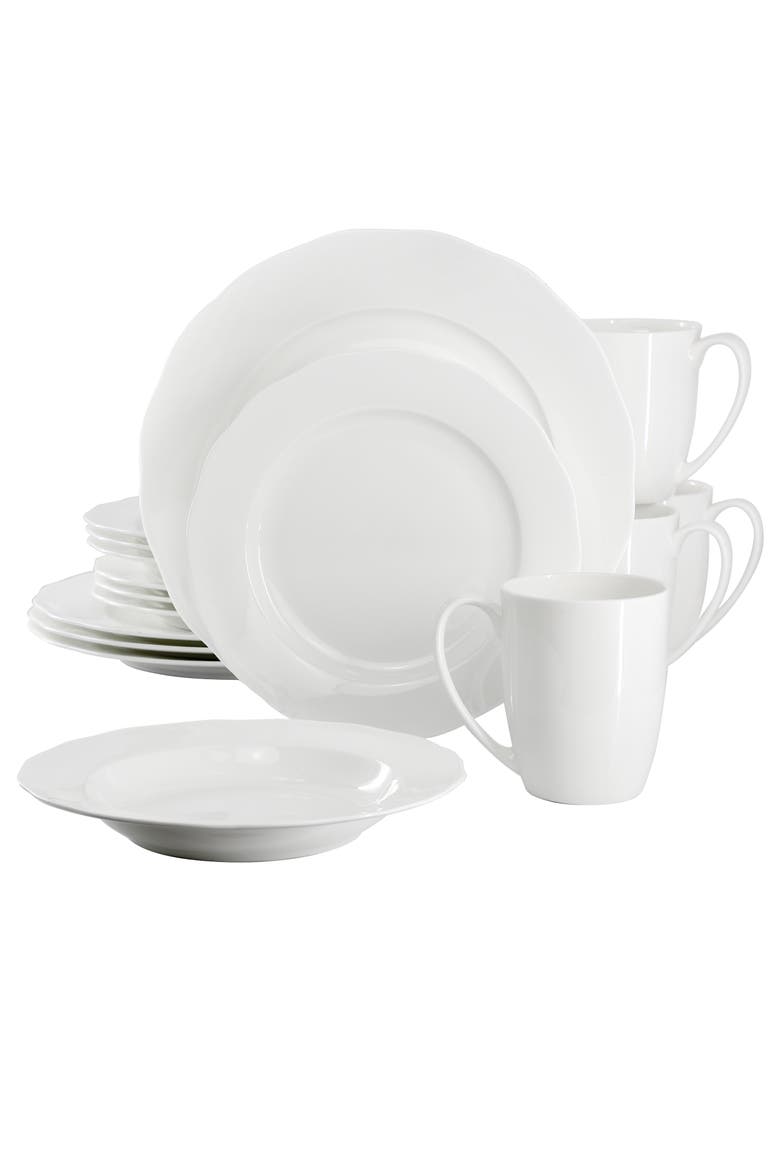 Eva 16 piece Wavy Edge Bone China Dinnerware Set, Main, color, White