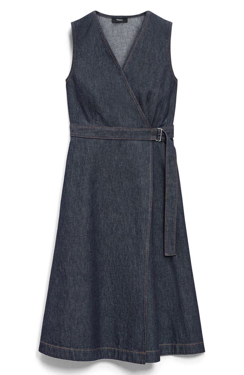 Theory Sleeveless Belted Chambray Wrap Dress, Alternate, color, Indigo