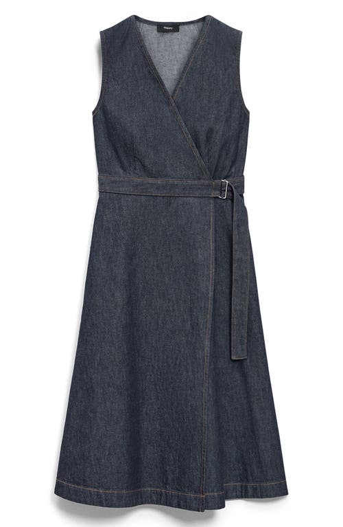 Theory Sleeveless Belted Chambray Wrap Dress In Purple