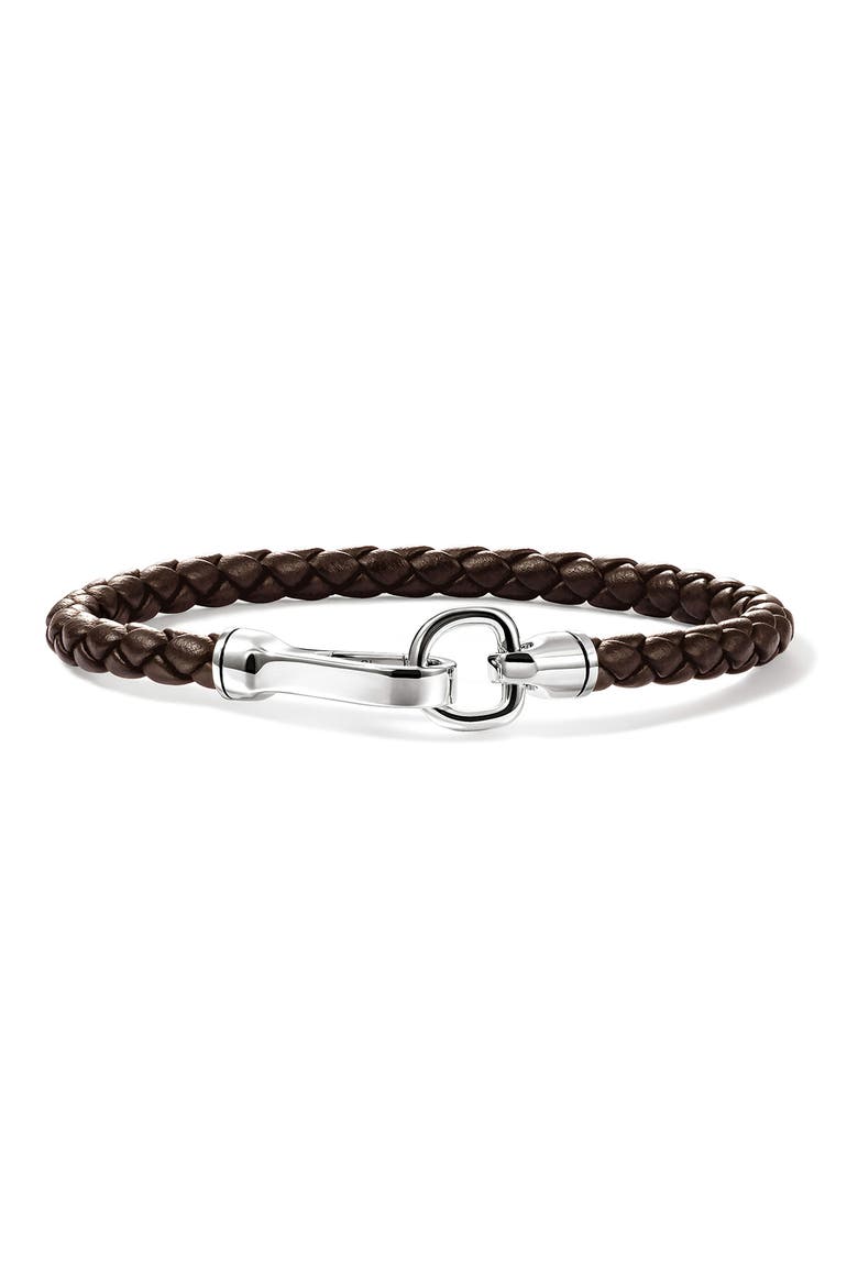 Men's Hook Clasp Bracelet, Leather, 5mm, Main, color, SILVER BROWN