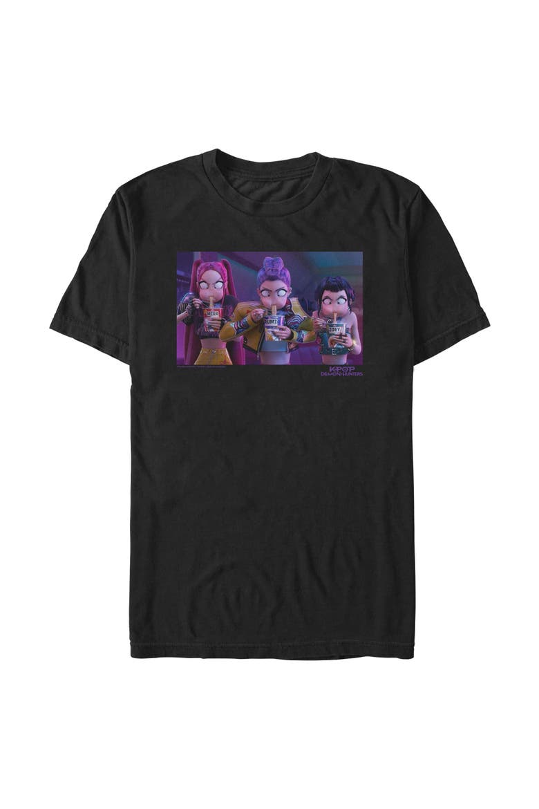 Mens KPop Demon Hunters Rumi, Mira and Zoey Ramyeon T Shirt, Main, color, Black