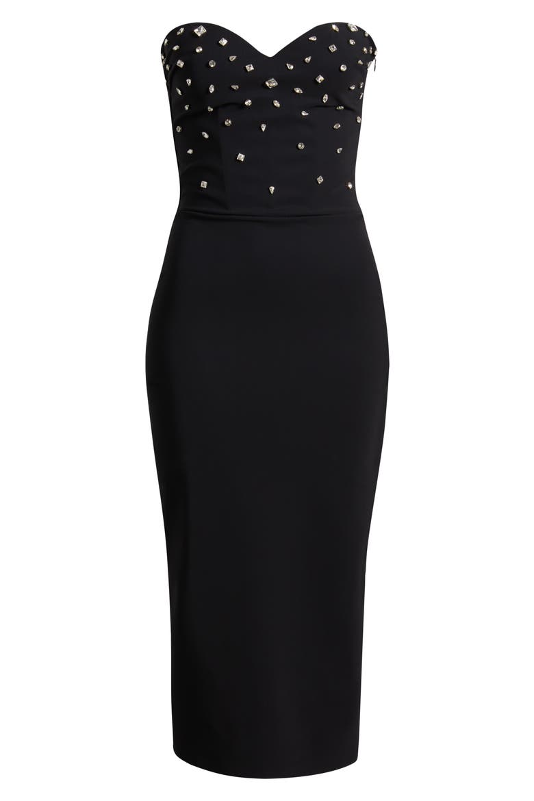 Mahta Rhinestone Detail Strapless Cocktail Dress, Alternate, color, BLACK