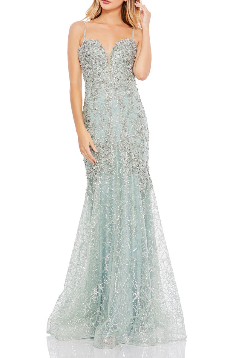 Mac Duggal Embellished Sleeveless Plunge Neck Trumpet Gown, Main, color, Mint