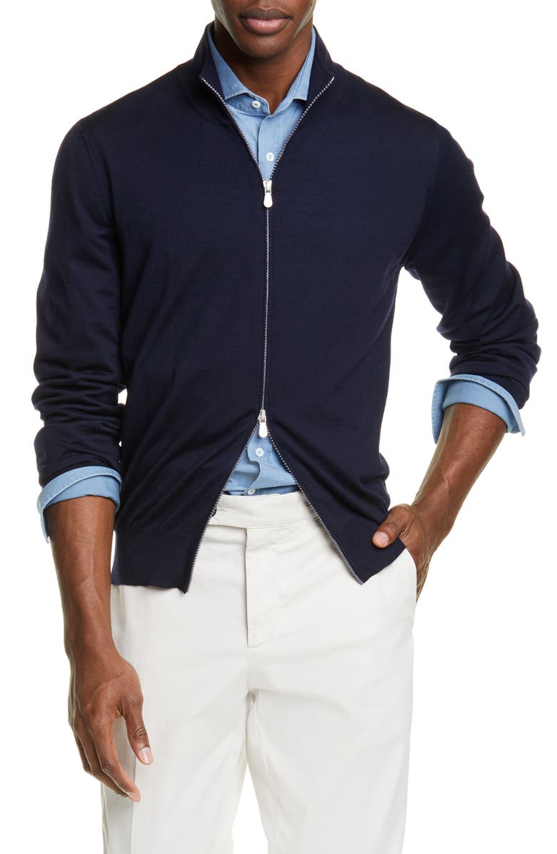 Brunello Cucinelli Fine Gauge Wool & Cashmere Zip Cardigan, Main, color,