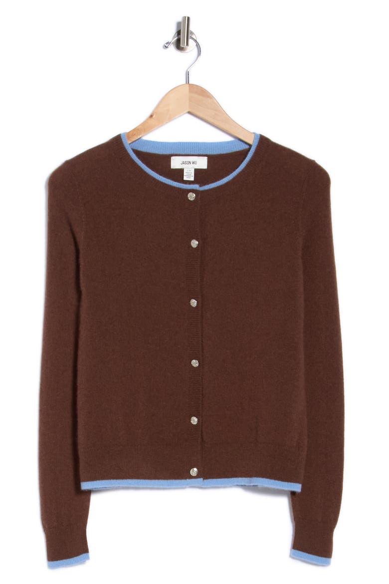 Tipped Cashmere Cardigan, Alternate, color, COFFEE BROWN / SANTAL BLUE