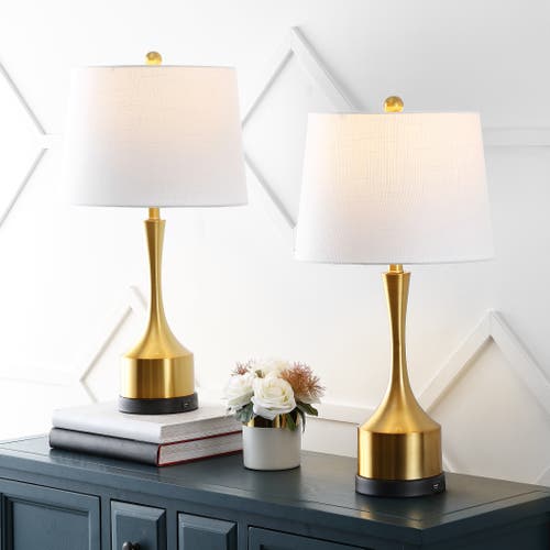 Jonathan Y Cooper 26" Classic French Country Iron Led Table Lamp With Usb Charging Port In Brass Gold