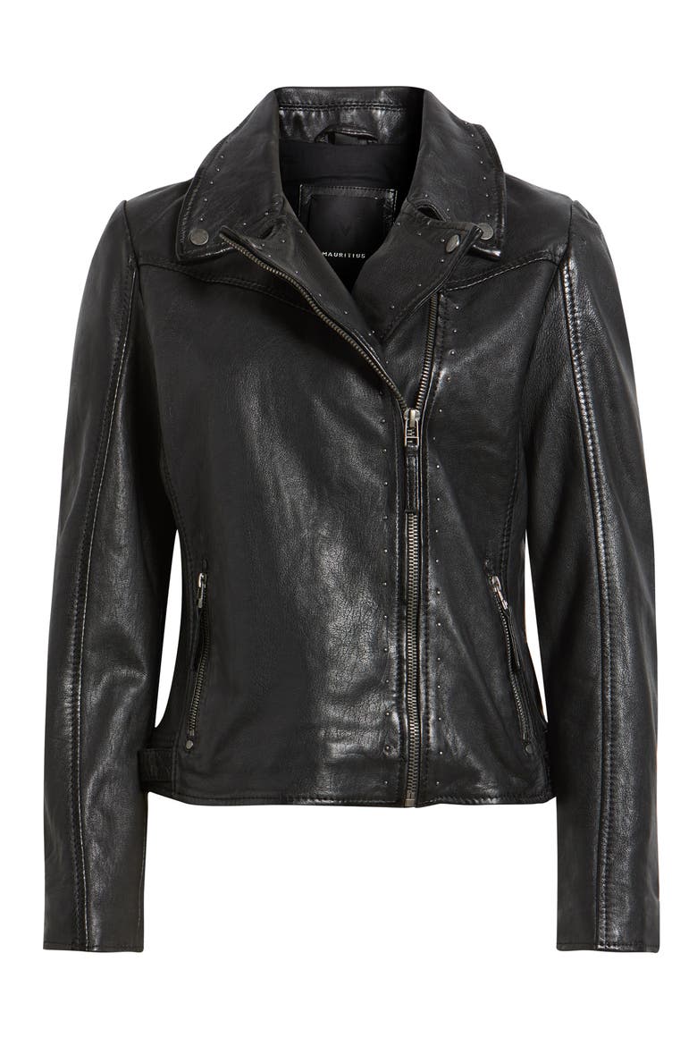 Morgan Studded Leather Moto Jacket, Alternate, color, BLACK