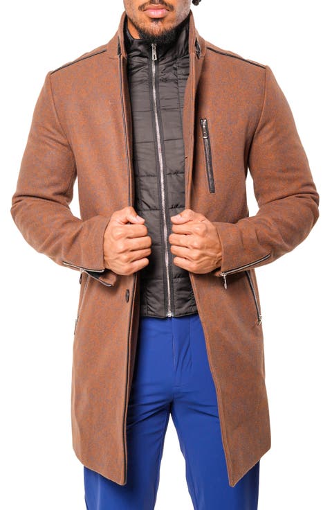 Orange Wool Blend Car Coat with Quilted Bib