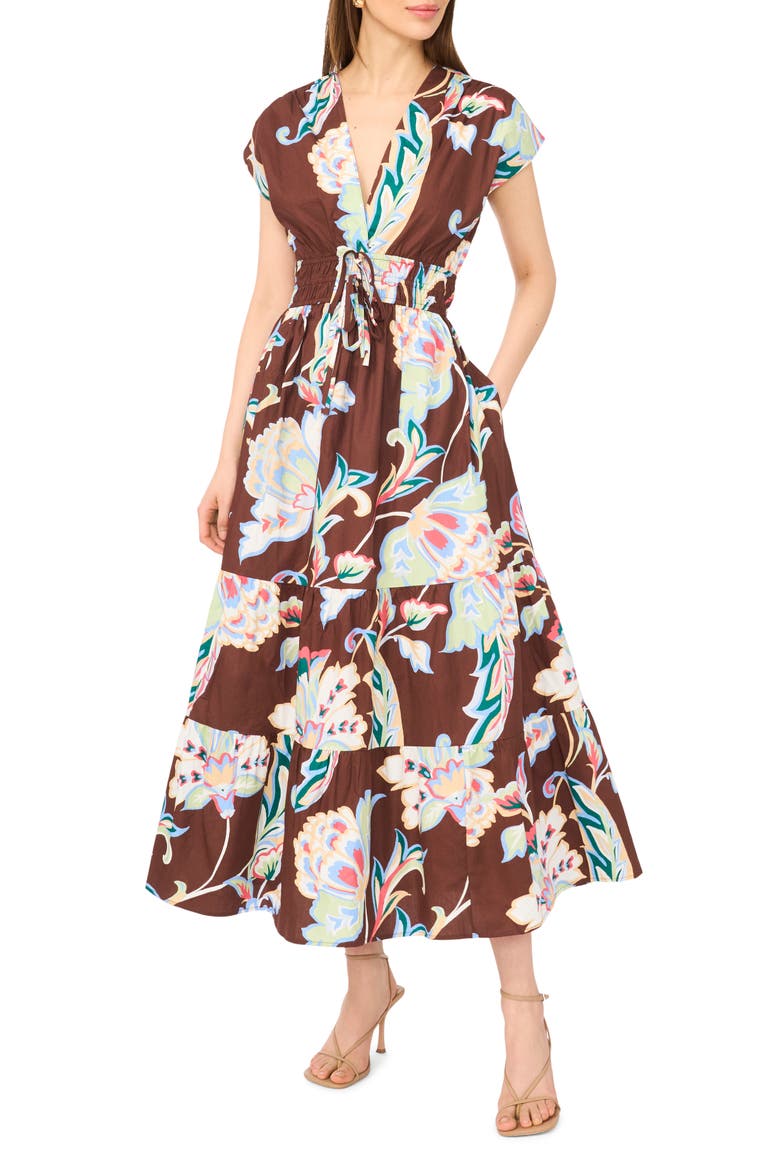 V-Neck Cotton Midi Dress, Main, color, DEEP MAHOGANY