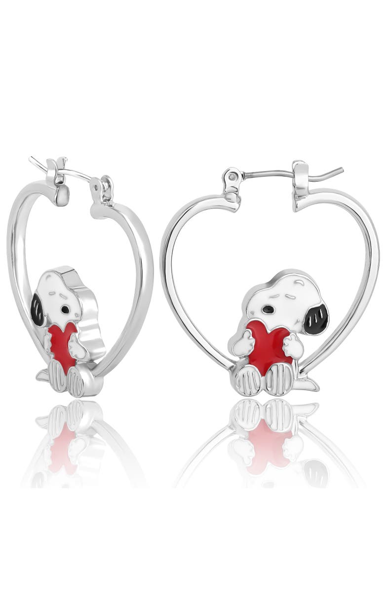 PEANUTS Snoopy Heart Hoop Earrings, Main, color, Silver