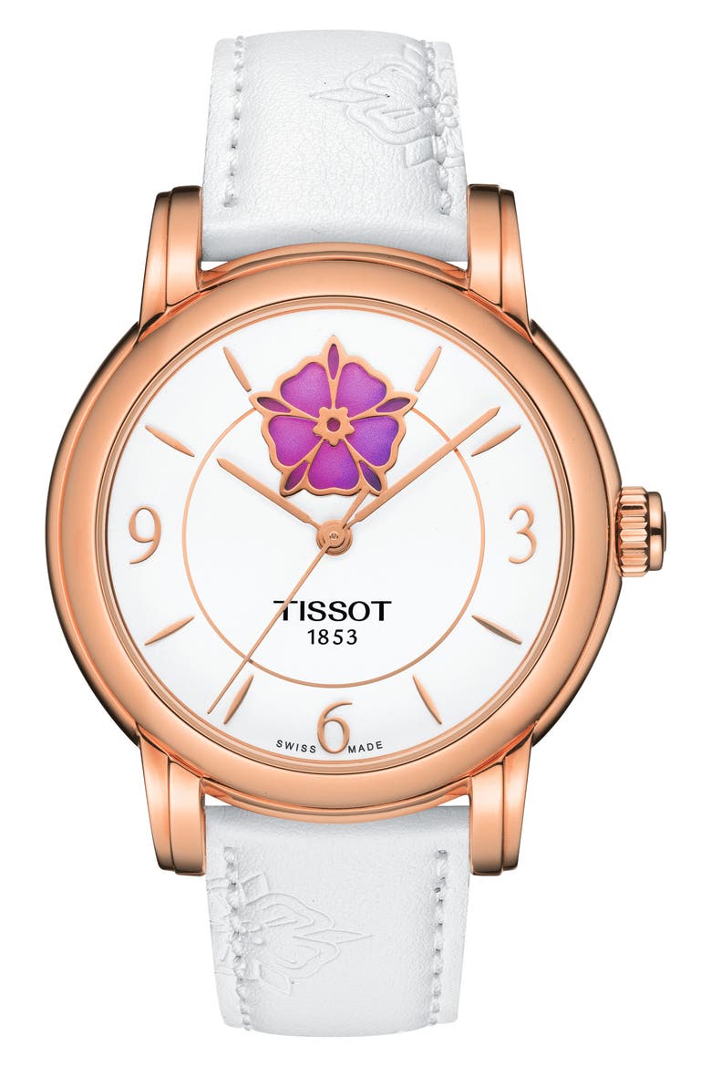 Lady Heart Flower Power Faux Leather Strap Watch, 35mm, Main, color, WHITE