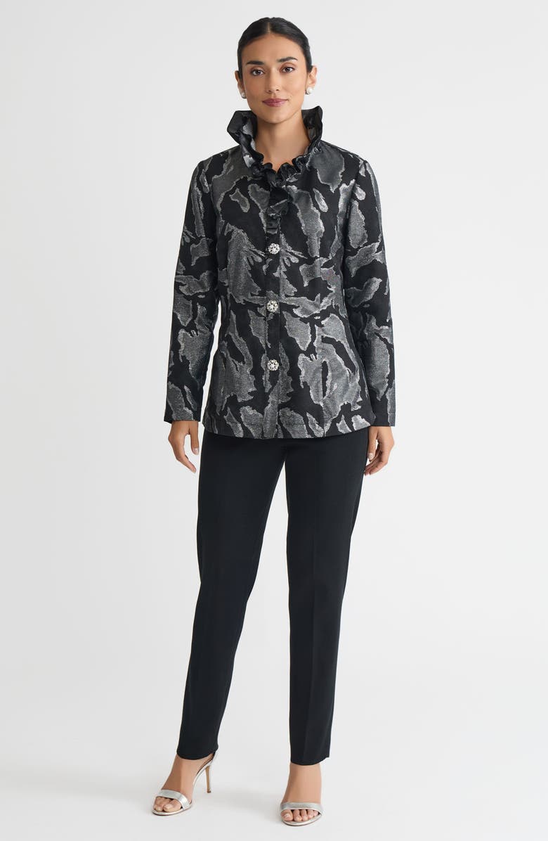 Ming Wang Tailored Shimmer Ruffle Neck Woven Jacquard Jacket, Alternate, color, Black/Silver