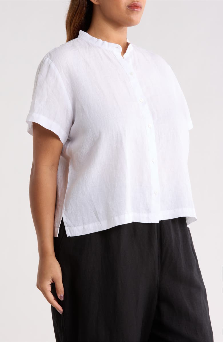 Eileen Fisher Mandarin Collar Short Sleeve Organic Linen Button-Up Shirt, Alternate, color, White