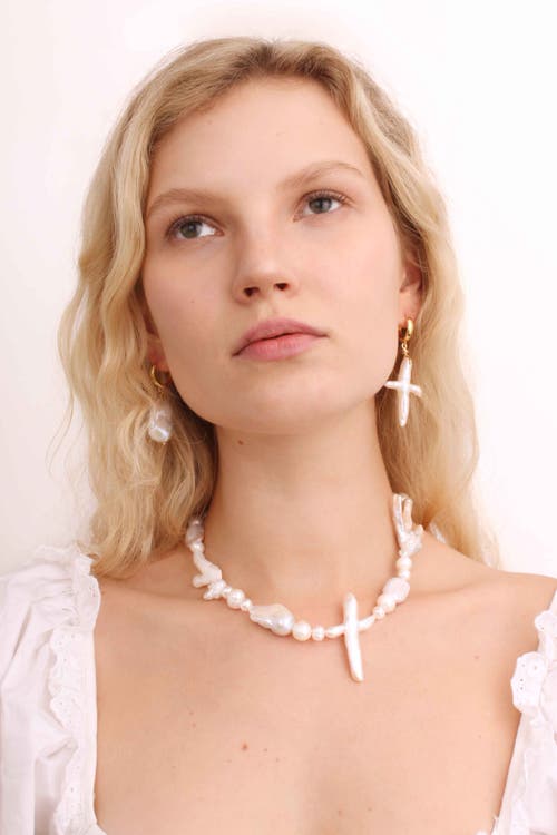 Velvet Luna Pearl Cross Necklace In White