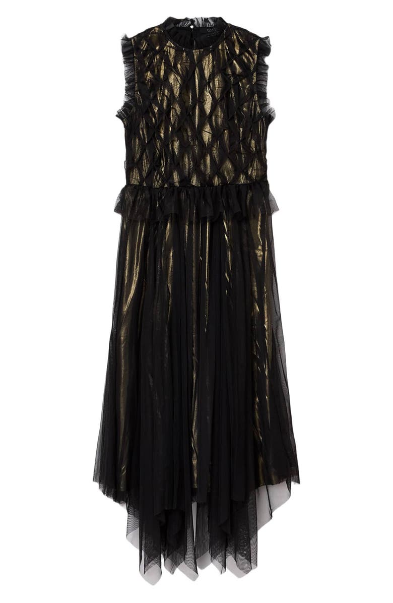 AllSaints Lola Metallic Tulle Asymmetric Midi Dress, Alternate, color, Black/ Metallic Gold