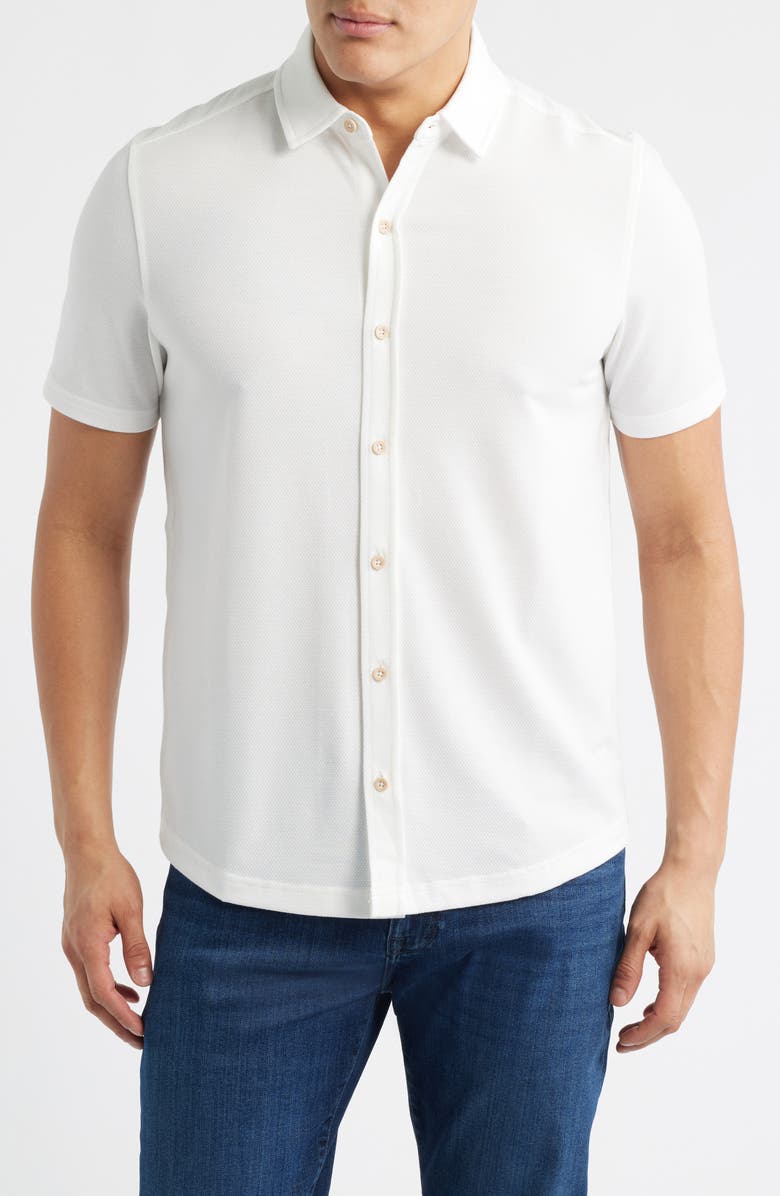 Johnston & Murphy Bennett Short Sleeve Heathered Cotton Blend Button-Up Shirt, Main, color, White Honeycomb