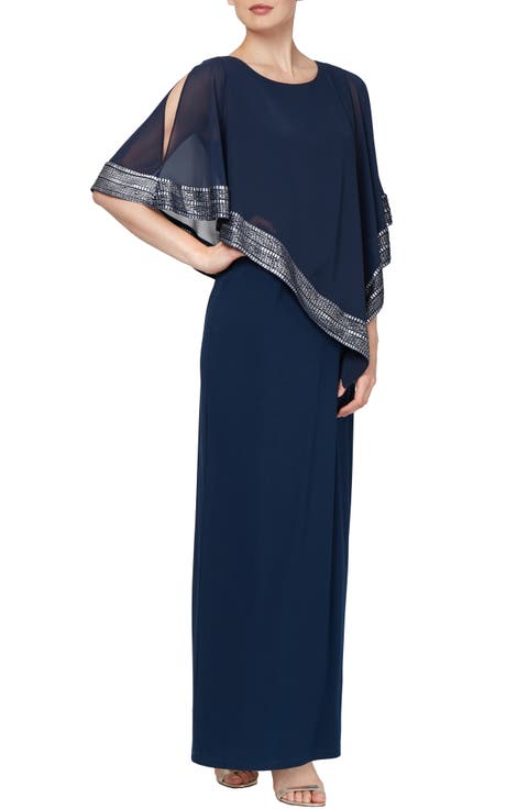 Asymmetrical Foil Trim Cape Dress (Petite)