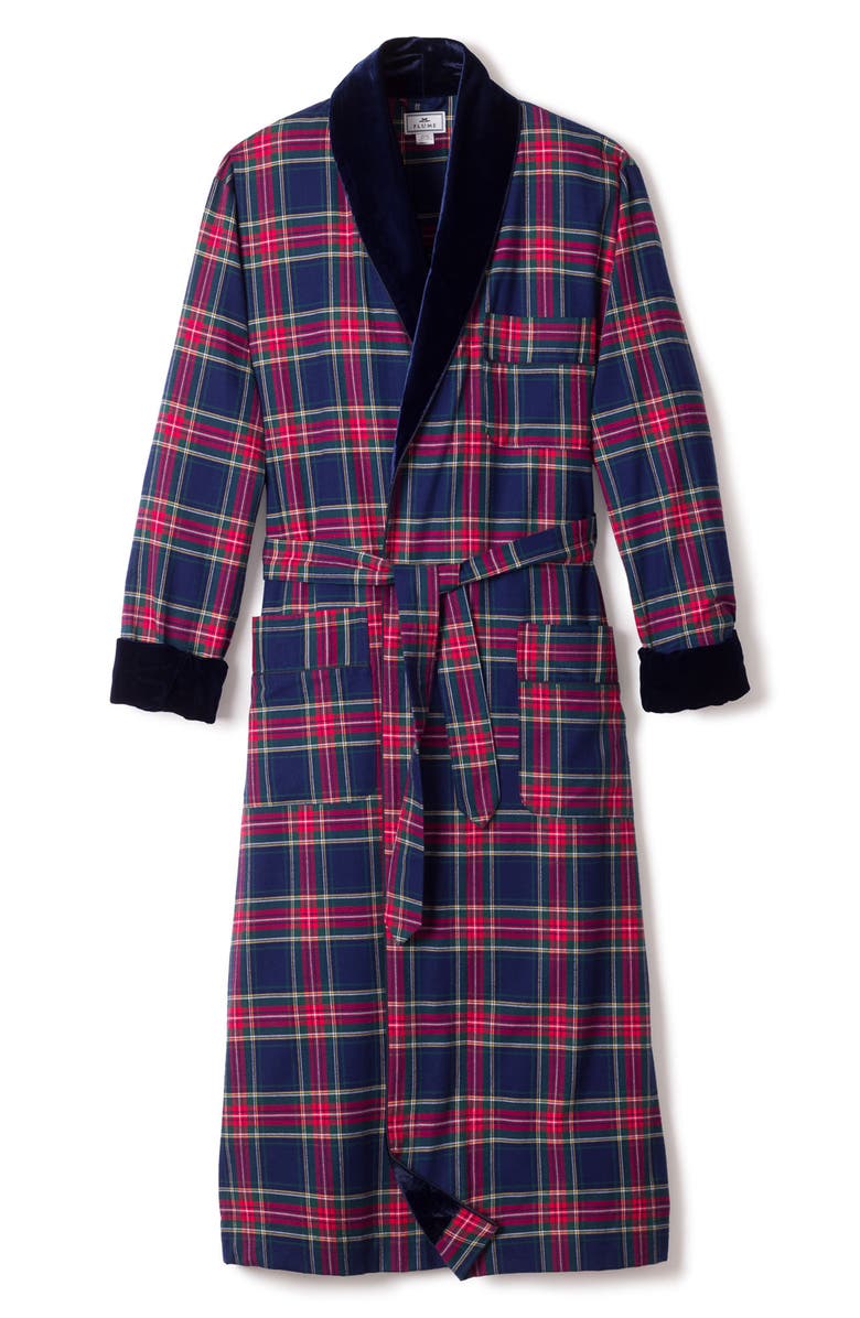 Petite Plume Windsor Plaid Cotton Flannel Robe with Velvet Shawl Collar, Alternate, color, Navy