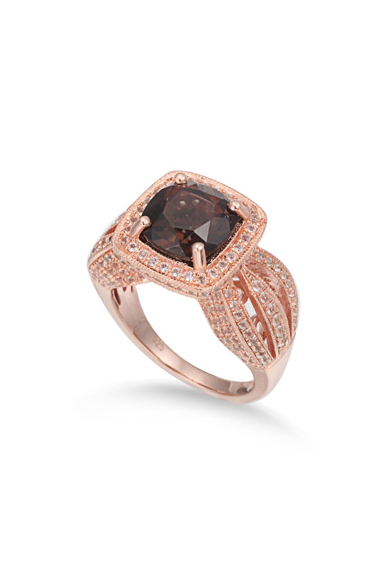 Cushion Cut Quartz & White Topaz Halo Ring, Main, color, BROWN