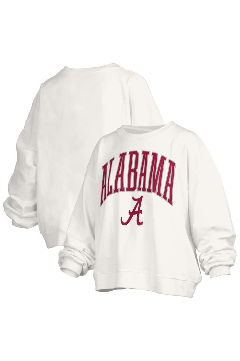 Women's Pressbox White Alabama Crimson Tide Janise Arch Over Logo Waist Length Oversized Pullover Sweatshirt, Main, color, White