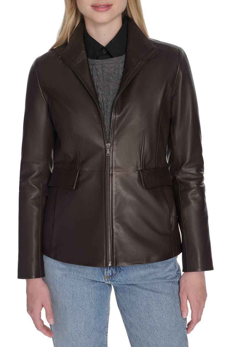 Wing Collar Leather Jacket, Main, color, DK ESPRESS