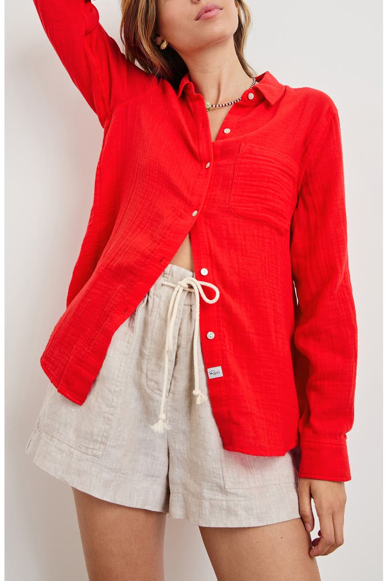 Ellis Organic Cotton Gauze Button-Up Shirt, Main, color, CHERRY