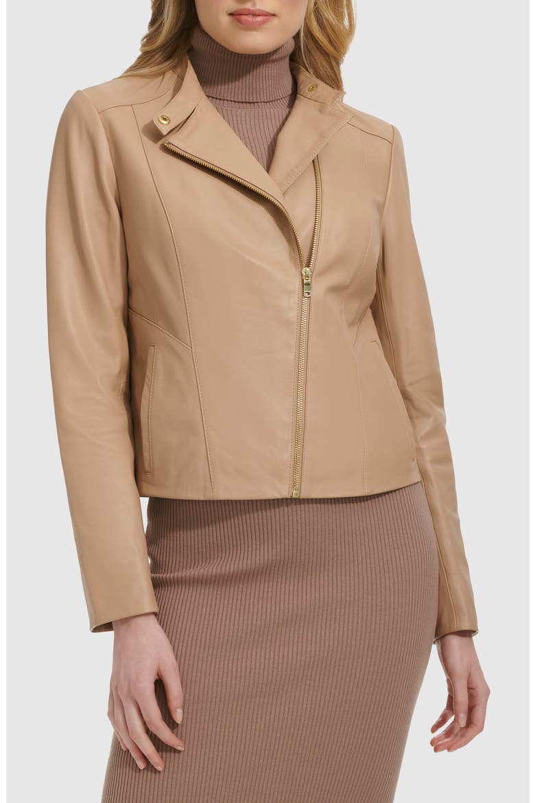 Band Collar Leather Moto Jacket, Alternate, color, SESAME