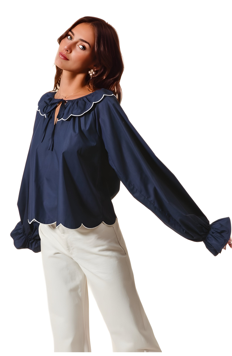 Knit and Lounge Scallop Trim Blouse with Ruffled Collar and Tie Neck, Alternate, color, 