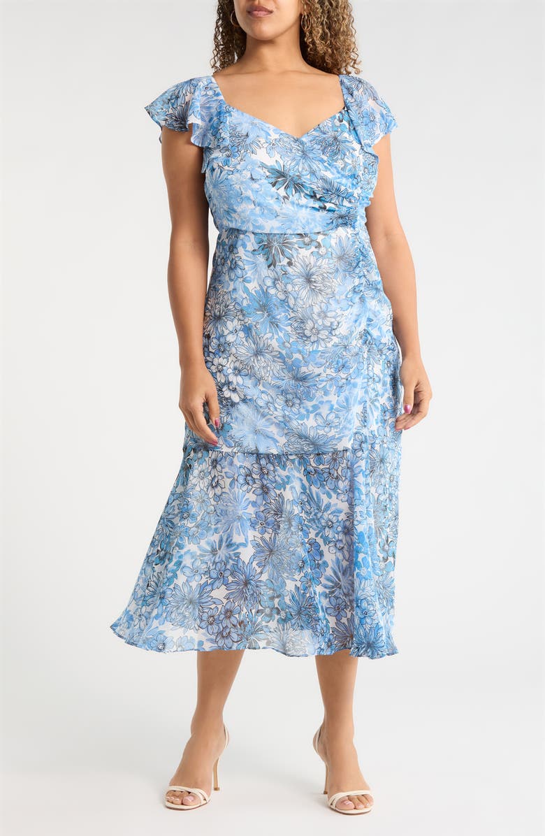 SUGARLIPS Tierra Floral Nadia Ruched Midi Dress, Main, color, Blues