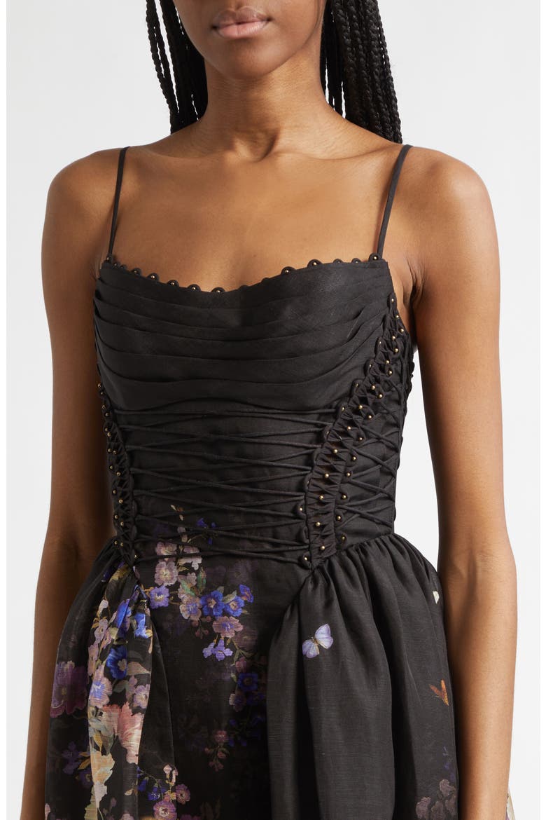 Kindred Spirit Luna Floral Beaded Linen & Silk Organza Picnic Dress, Alternate, color, BLACK MULTI FLORAL
