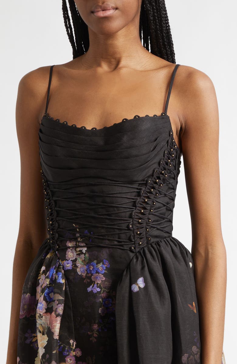 Zimmermann Kindred Spirit Luna Floral Beaded Linen & Silk Organza Picnic Dress, Alternate, color, Black Multi Floral