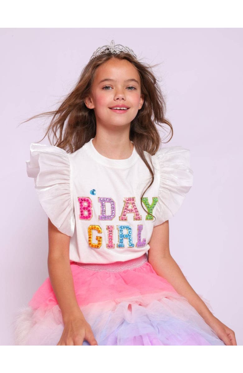 Lola + The Boys Birthday Girl Gem Ruffle Shirt, Alternate, color, White
