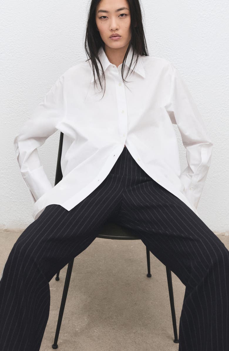 MANGO Pinstripe Pull-On Wide Leg Pants, Alternate, color, Navy