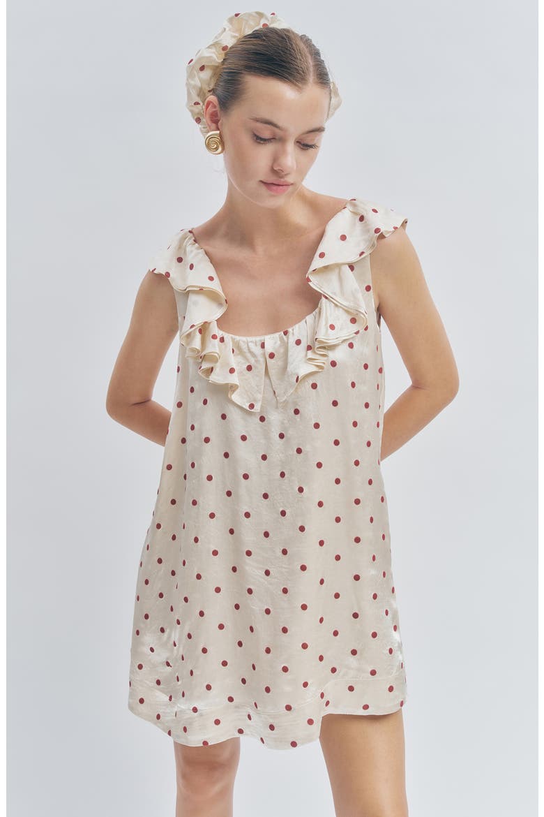 Sonia Polka Dot Ruffle Trim Babydoll Minidress with Hair Scrunchie, Alternate, color, IVORY RED DOTS