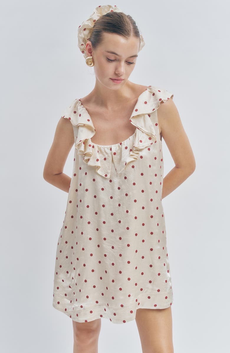 MAUDE CLUB Sonia Polka Dot Ruffle Trim Babydoll Minidress with Hair Scrunchie, Alternate, color, Ivory Red Dots