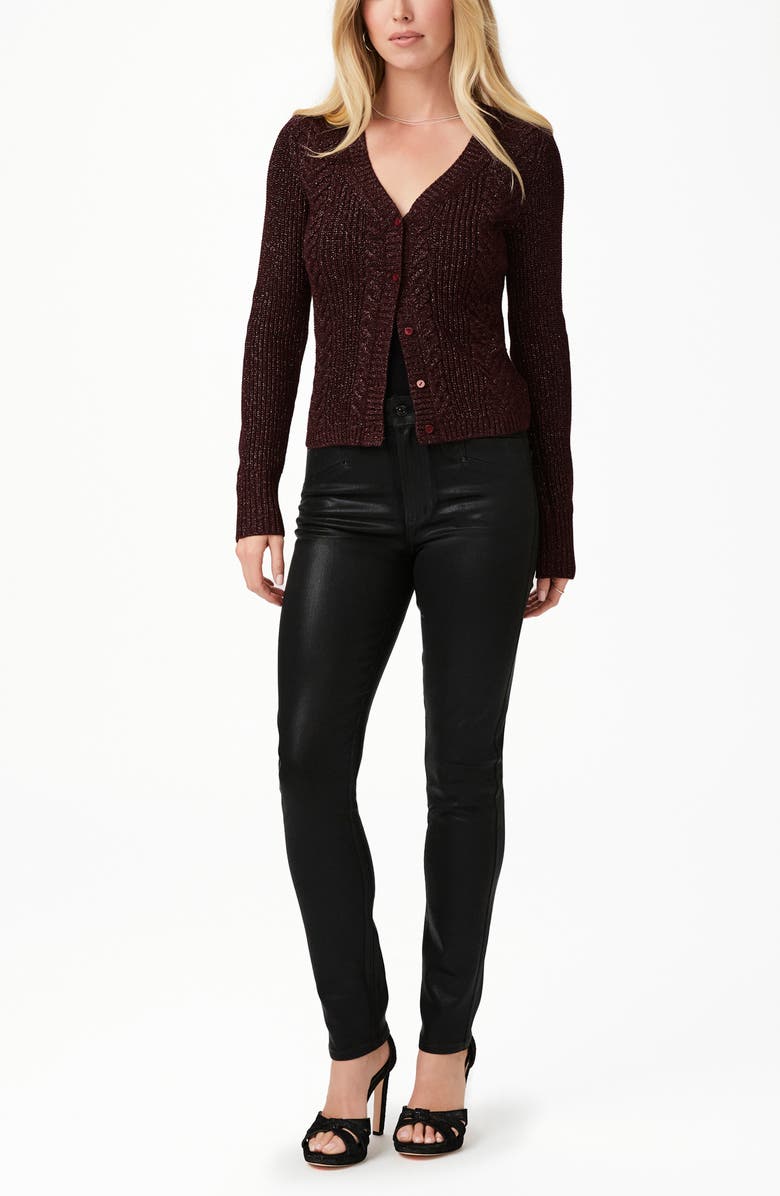 PAIGE Nanari Metallic Cable Knit V-Neck Cardigan, Alternate, color, Burgundy Sparkle