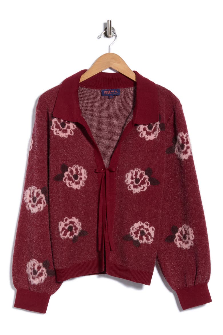 Floral Tie Front Cardigan, Main, color, MERLOT FLORAL COMBO