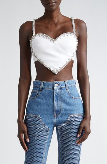 Area Crystal-trim Heart Crop Top In White