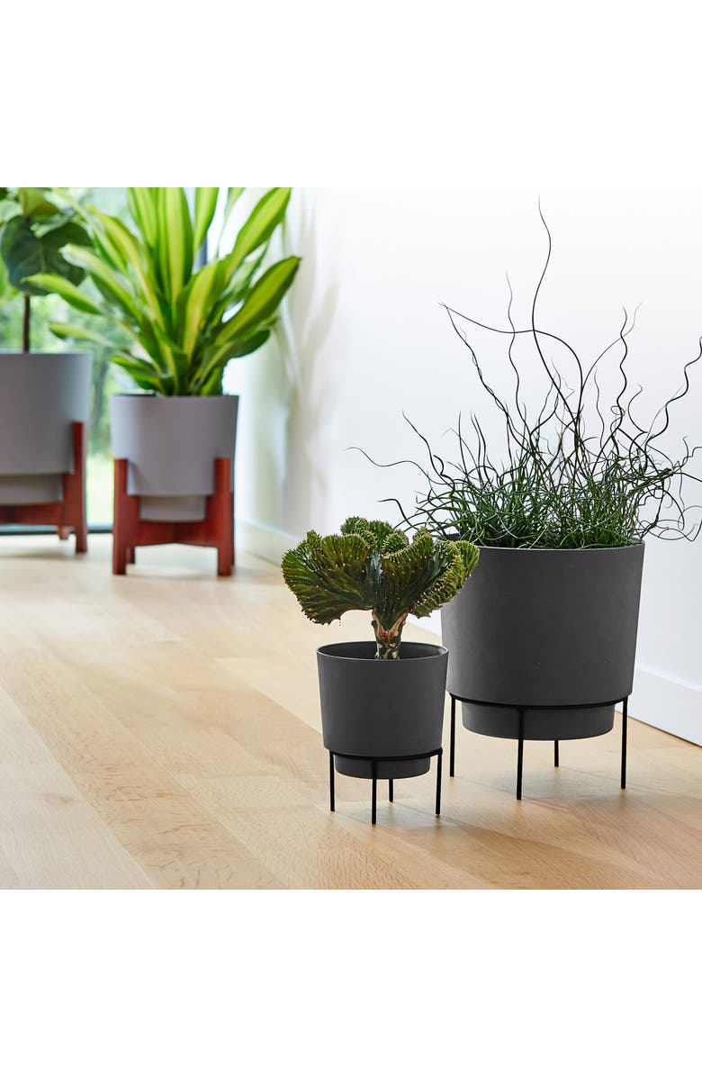 Bloem 10" Hopson Round Planter with Black Metal Stand, Charcoal, Alternate, color, Gray