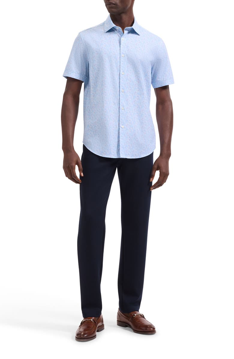 Bugatchi Miles OoohCotton<sup>®</sup> Watercolor Leaf Print Short Sleeve Button-Up Shirt, Alternate, color, Vista Blue