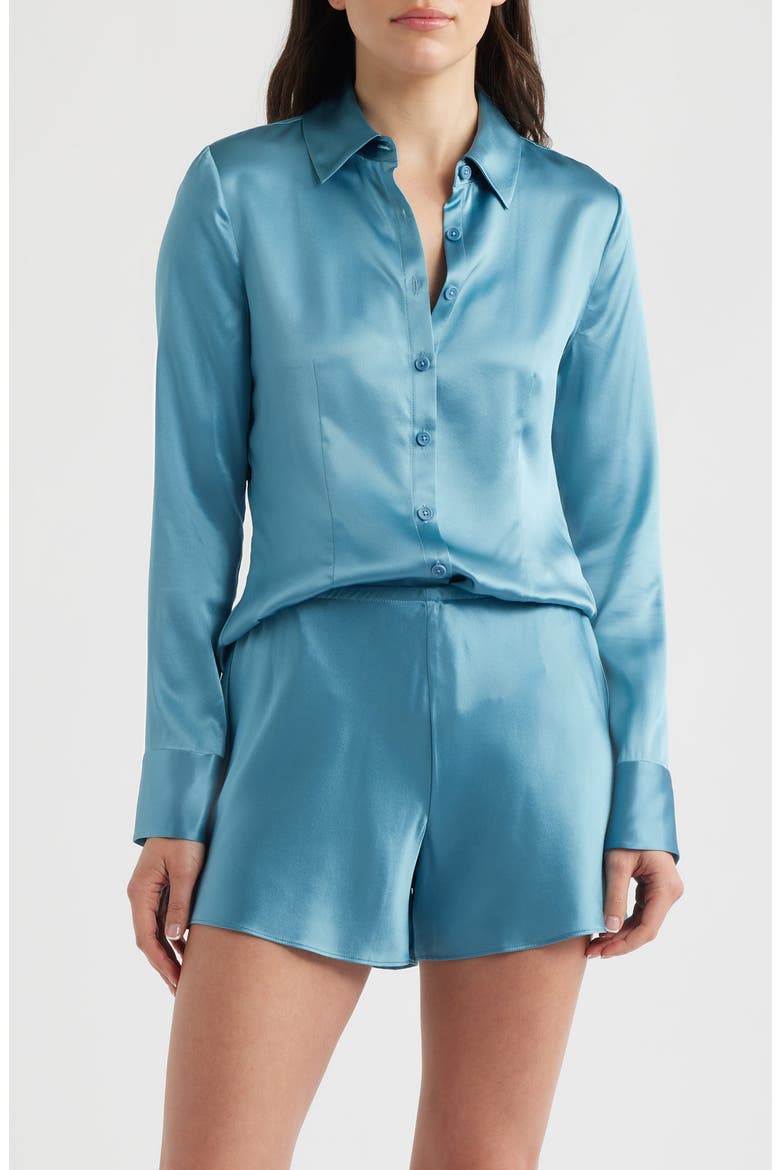 Raya Silk Button-Up Shirt, Main, color, SIREN